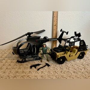2 plastic toy Army vehicles Tan Jeep & Black Nightstalker Helicopter w/ soldier